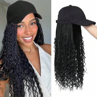 Gorra de béisbol con peluca de trenzas de caja con extremos rizados estilo bohemio, sombrero de trenzado de crochet con extensiones de cabello sintético para mujeres