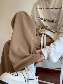 Plus Size Corduroy Straight Leg Pants, Men's Casual Street Style Minimalist Versatile Sweatpants For Spring Autumn - Khaki - View 1