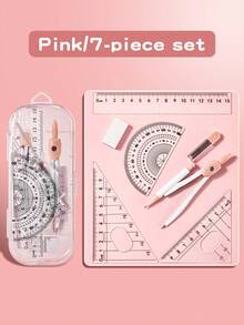 7 piezas/set de reglas de compass para estudiantes, incluye regla de graduación, regla triangular, reglas angulares, soporte para bolígrafos, papelería, multiusos y útiles escolares, útiles de aprendizaje multifuncionales para exámenes y aprendizaje, de vuelta a la escuela