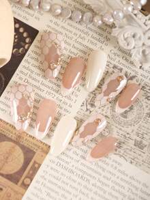 10pcs Press On Acrylic Nails Fake Nails Long French Style Light Color Cat's Eye Skin Color Snake Pattern Pure Handmade Production Nails Long Nails Press On Nails Set Includes 1sheet Adhesive Tabs &1 Pc Mini File Nail Supplies - Multicolor - View 2