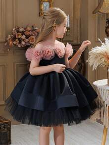 Abito da damigella d'onore per ragazza giovane in stile palazzo con rose 3D in tulle, abito da principessa adatto per feste di compleanno, balli, matrimoni, cerimonie importanti e festival - nero - Visualizzare 5