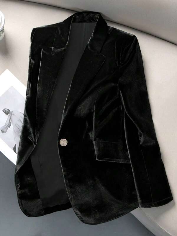 Blazer feminino elegante de veludo com um botão e manga comprida