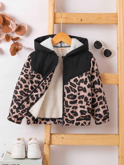 男童时尚连帽豹纹拼接卫衣外套，保暖内衬，数码印花，复古风格，舒适保暖，冬季外套