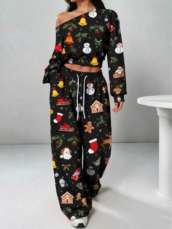 Ladies' Leisurely Elegant Cute Christmas Full-Body Print Cross-Shoulder Two Pieces Set