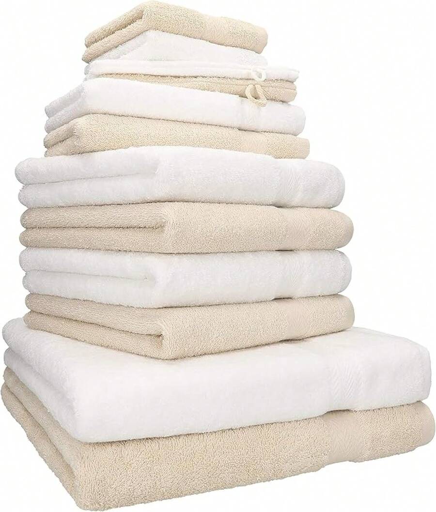 Betz Premium Towel Set 12 Pieces - 100% Cotton - Oeko-Tex Certified - High Grammage - Shower Towels, Hand Towels, Guest Towels & Wash Mitts Colour Graphite/Berry - White / Sand - View 1