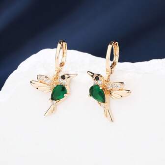 1 Pair 18K Gold Plated Copper Green Water Drop Hummingbird Fashionable Earrings, Gift For Women, Suitable For Daily Wear