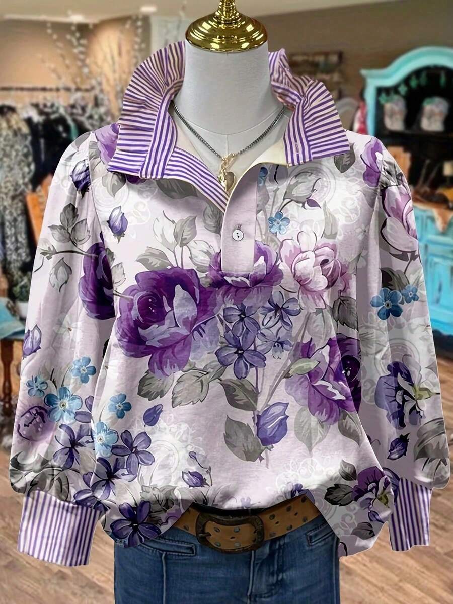 Women's Blouse - Elegant Purple Floral (Roses) & Stripe Collar - Long Sleeve Non-Stretch Top - Loose Fit Shirt For Fall/Winter - Office, Party, Everyday Outfits - Non-Transparent Blouse, Fall Fashion Wear, Vneck Design, Structured Pleats - 淺紫色 - 查看 1