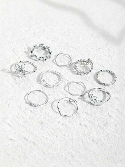 10件套优雅镂空花朵设计金色戒指套装，时尚日常配饰