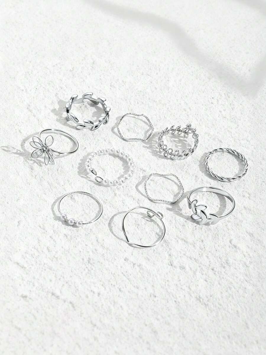 10pcs/Set Elegant Hollow Flower Design Gold-Tone Rings Set, Fashionable Decor For Daily Wear - Silver - View 1