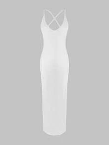 XLLAIS Sexy V-Neck Knit Bodycon Dress, Criss-Cross Back Design, Stretchy Christmas White Set, Suitable For New Year Party Wear Elegant Summer - White - View 6