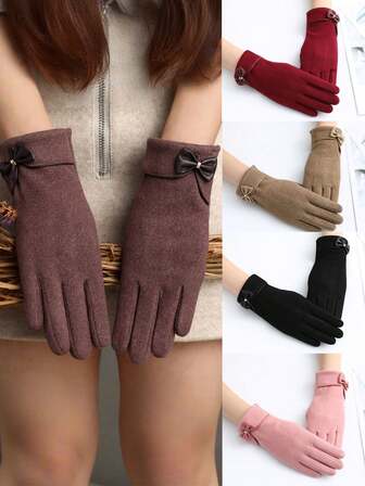 Velvet Leather Bow Touch Screen Warm Outdoor Clothing Versatile Gloves