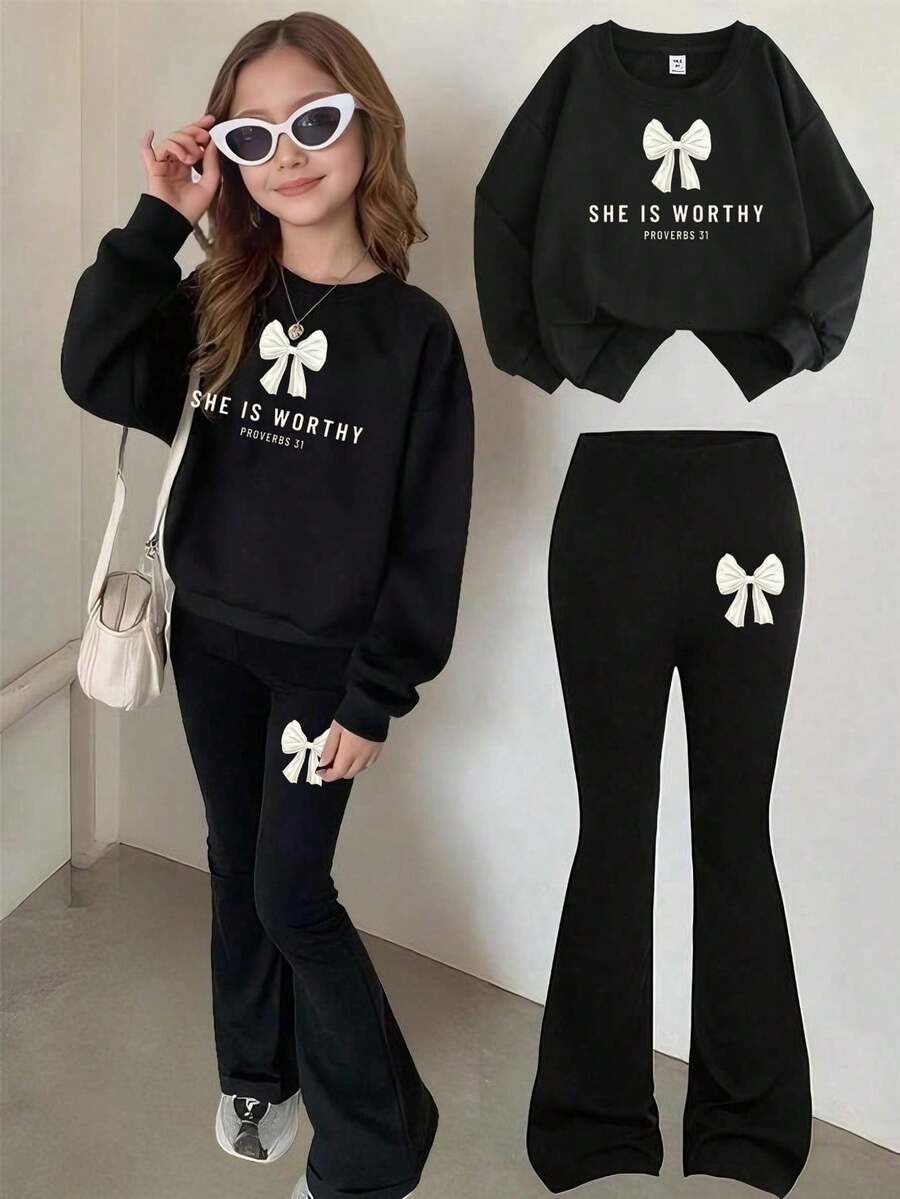 蝴蝶结印花女童休闲简约长袖圆领套头毛衣和中高腰喇叭裤两件套秋冬装 - 黑色 - 查看 1