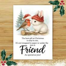 1张可爱兔子和小鸟贺卡，含信封（11厘米 x 16厘米 x 4.33英寸 x 6.29英寸） - “最佳圣诞礼物：朋友”设计，兔子、小鸟和圣诞树的欢乐场景，送给亲朋好友的完美礼物，圣诞节和新年祝福的理想之选，节日贺卡|节日友谊贺卡|纸质贺卡 - 彩色 - 查看 11