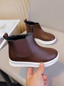 1 Pair Fashionable Patchwork Neutral Children Casual Side Zipper Chelsea Boots, Round Toe, Simple Boots For Girls, Suitable For Autumn/Winter - Brown - View 6