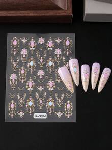 2片金属波西米亚风美甲贴纸 5D粉色宝石图腾哥特式设计 Y2K 自粘凝胶指甲油贴片 DIY 优雅美甲用品 - 彩色 - 查看 3