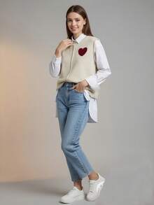 Women's Cute Solid Color Sweater Vest, Minimalist Fashion Casual Daily Wear, Adorable Knit Top, Spring/Autumn, School, Sweater, Love Heart Pattern Sweater, Casual Sleeveless Knit Top, Knitted Pullover For Autumn/Winter
