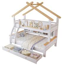 Beliche, duas gavetas com rodízios, corrimão decorativo requintado e design de telhado, escada inclinada de quatro andares, pinho + MDF, branco + natural, 90x200cm e 120x200cm