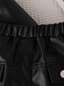 女童时尚拼布领仿皮夹克和百褶裙户外度假装，秋冬 - 黑色 - 查看 4