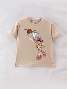 Boys' Casual Summer Abstract Skateboard & Ice Cream Print Short Sleeve T-Shirt, Cool Style, Student Teenager Artistic Tee, Boys Clothing - Apricot - View 2