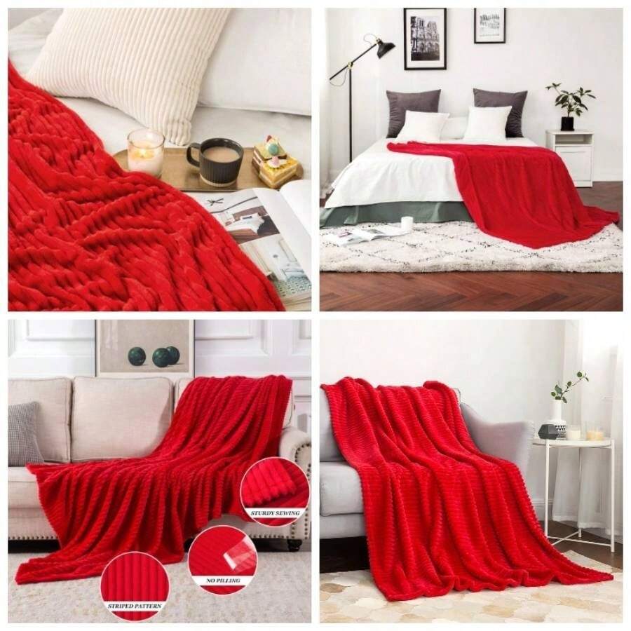 - Manta de forro polar rojo para sof de 300 g, manta de felpa sper suave, ligera, a rayas, clida, transpirable, clida, clida, transpirable, para camasof, 127.0x 152.4 - 50"x60" + Rojo - Ver 1