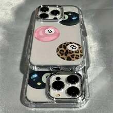 1pc Transparent Metal Button Minimalist Personalized Pink Numeric Billiard 8 Pattern Phone Case, Suitable For IPhone 16 Pro Max, 17/16/15/14 Plus, 13/12/11, Air - Multicolor 3 - View 2
