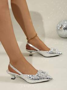 Outdoor Fashionable Personalized Kitten Heel Rhinestone Pointed Toe Silver Breathable Slide Sandals Shoes - Silver - View 13