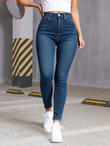 Mujer casual sexy mezclilla Jeans Skinny Moldeadores, Cintura alta, Azul Oscuro, Fit Clásico y Elegante primavera verano uso diario pantalones - azul2 - Ver 3