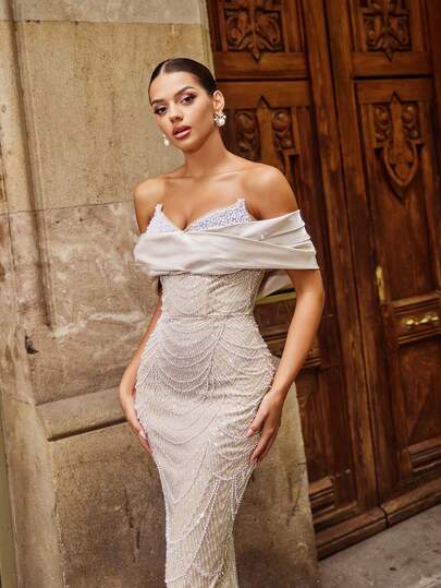 Faeriesty Haute Glamour Elegant Beaded Off-Shoulder Maxi Evening Gown With Heart-Shaped Bead Embroidery & Wavy Satin Ribbon - Delicate Patterns From Chest To Skirt, Perfect For Weddings, Evening Banquets, And Garden Receptions