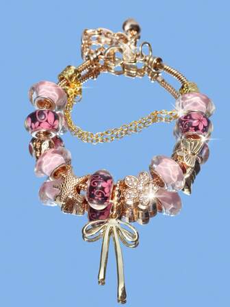 1pc Pink Cherry Blossom Charm Bracelet, Cute Pink Bow Bracelet, Vintage Flower Bracelet, Butterfly & Starfish Bracelet