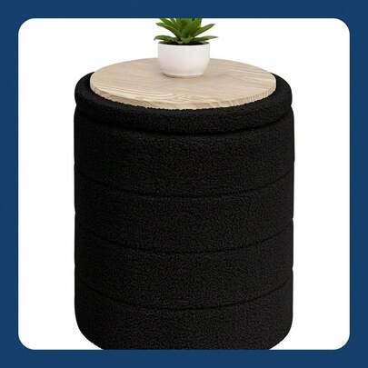 37D X 37W X 45H Cm Boucle Ottoman Storage, Foot Rest Stool Seat, Folding Footstool For Living Room, Sherpa Ottoman For Bedroom, Black, 37x37x45 Cm