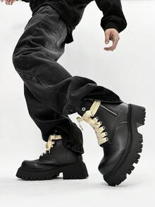 SLnU3 SLnU 3 Men's Fashion Casual Thick Sole Height-Increasing Boots Creative Personalized Design Lace-Up Double Zipper Punk Hip-Hop British Street Outdoor Versatile All-Season Style - Black - View 4
