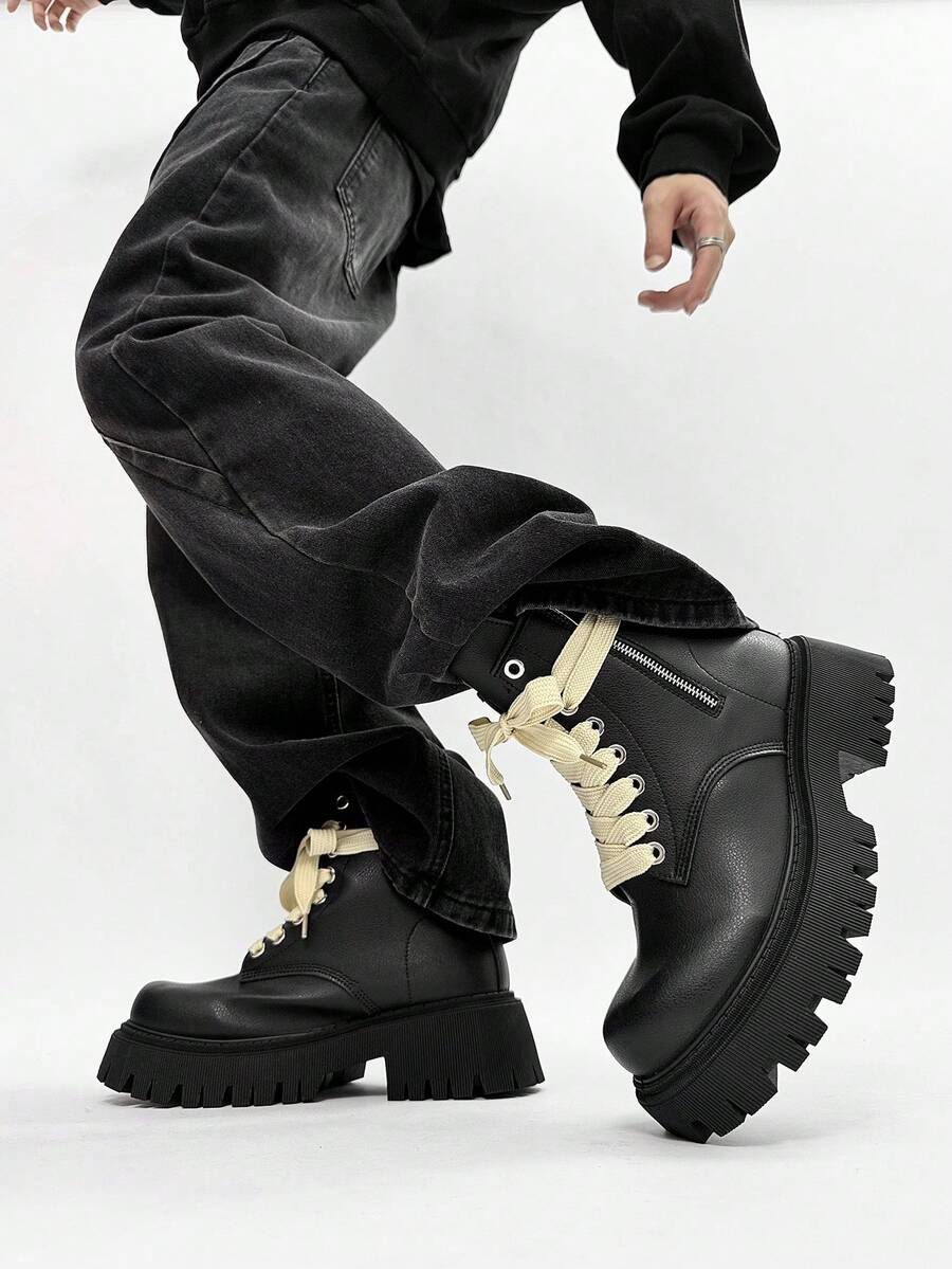 SLnU3 SLnU 3 Men's Fashion Casual Thick Sole Height-Increasing Boots Creative Personalized Design Lace-Up Double Zipper Punk Hip-Hop British Street Outdoor Versatile All-Season Style