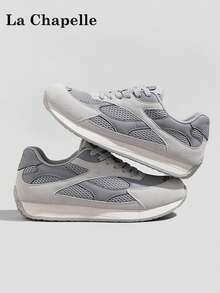 1 Pair La Chapelle Women's Thick Sole Lace-Up Soft Bottom Casual Shoes, Low-Top Outdoor Flat Shoes For Summer, Round Toe Low Heel Solid Color Elegant Soft Bottom Hiking Shoes Suitable For Students Graduation Photos, Women Low-Top Leather Sports Skateboard Shoes - Grey - View 2