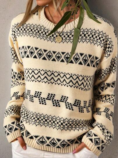 Pull ample femme à motif Fairisle, vêtement polyvalent pour les déplacements, Top tricoté à manches longues avec texture géométrique de style vintage, convient pour le printemps, l'automne et l'hiver