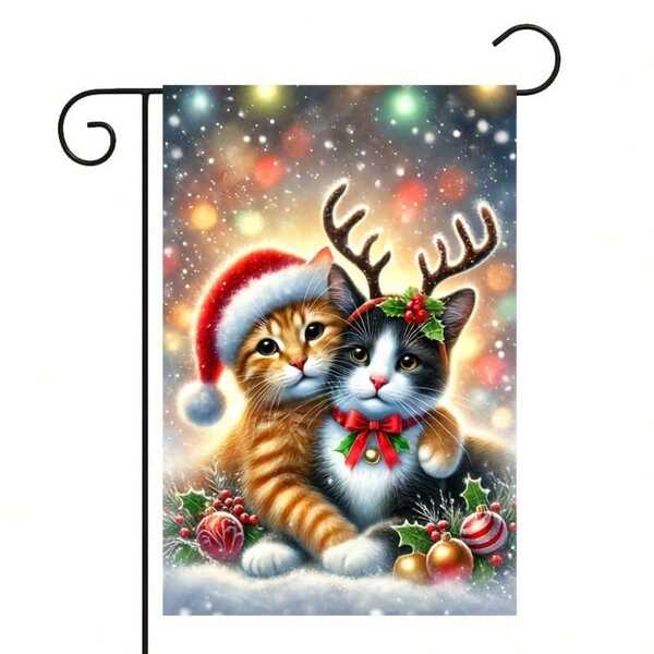 Charming Christmas Cat Garden Flag - Festive Outdoor Decor With Joyful Cats, Durable Polyester, 18x12 Inches, Perfect For Yard & Home.