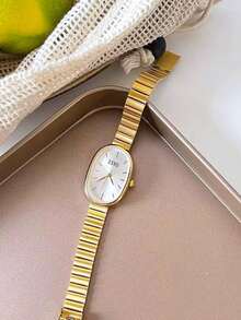 1pc Women's Minimalist Oval-Shaped Fashion Studded Scaled Small Dial Bamboo Strap Quartz Watch, Suitable For Daily Matching, Birthday, Women's Gift, Anniversary, Year-End Promotion, Singles' Day, Halloween Promotion, No Gift Box - Gold - View 4