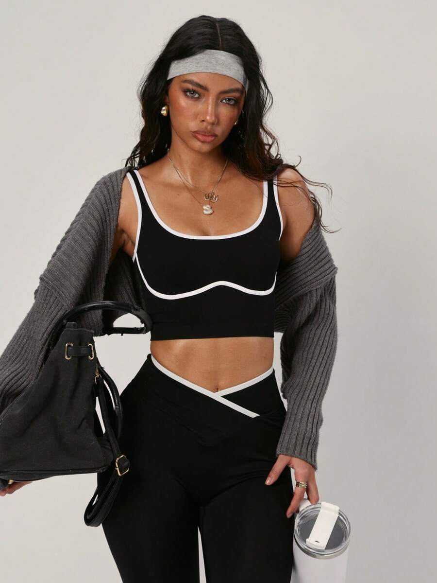 PinkTip 女士时尚露背弹力吊带背心和裤子运动套装，撞色二合一细肩带工字背心和裤子运动套装，瑜伽普拉提跑步训练休闲健身套装 - 黑色 - 查看 1