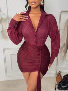 AIJ Amarilo Women's Autumn/Winter Elegant Party Ensemble Seductive Long-Sleeved Blouse With Jacquard Fabric Paired With Pleated Panel Bodycon Skirt Two Pieces Set - Dark Red - View 7