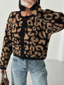 Modischer Lässig Leopard Jacquard Cardigan für den Herbst - Schwarz - Übersicht 3