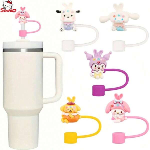 Sanrio Zestaw 5 akcesoriów do kubków z postaciami Sanrio, zawiera wieczka ze słomką i łańcuszek, pasuje do słomek o średnicy 8-10 mm, nadaje się na prezent