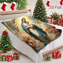 1pc High Quality Flannel Blanket Virgin Mary With Baby Jesus Religious Print White Single Side Printed Blanket For Home Decor Halloween Decoration Christmas Decoration Bohemian Style Retro Curtain All Season Decor Festival Gift Machine Washable - White - View 6