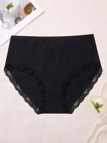 4 piezas Bragas de talla grande de algodón de unicolor con adorno de encaje, cómodas y elegantes de cintura alta - Multicolor - Ver 4