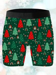 Naughty And Cute Home Leisure Men's Long Boxer Briefs, Milk Silk Knitted Fabric, Soft And Skin-Friendly, Quick-Drying And Breathable, Christmas Tree Pattern Print, Christmas Gift, 1 Pack Men's Novelty Shorts