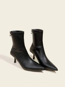 秋冬女士黑色踝靴，7厘米高跟，弹力修身靴，舒适时尚尖头高跟靴，猫跟 - 黑色 - 查看 2