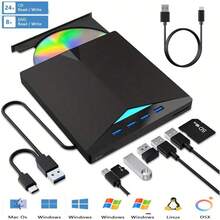 7 In 1 External CD DVD Drive With 4 USB A Ports And TF/SD Card Slots, USB 3.0 & Type CPortable CD/DVD Disk Drive Player Burner Reader Writer For Laptop Desktop PC Windows 11/10/8/7 Linux OS - Multicolor - View 11