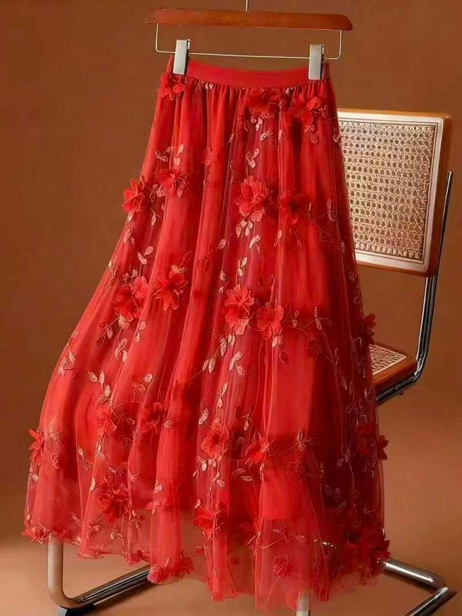 Summer Three-Dimensional Floral Elegant Tulle Skirt - Rojo - Ver 1