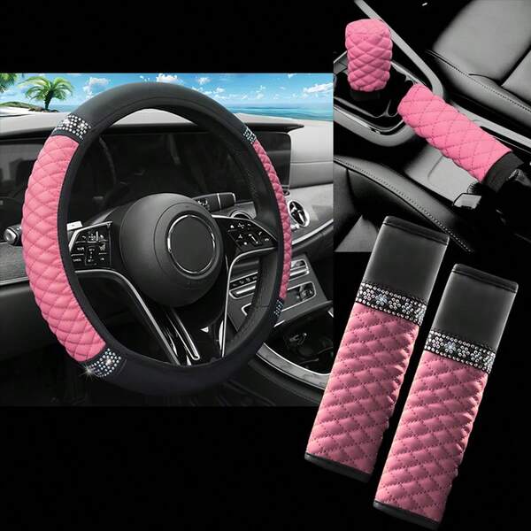 Juego de 5 piezas de accesorios para el interior del automóvil - Funda para volante, Funda para perilla de cambio de marchas, Almohadilla para el hombro del cinturón de , Parche de strass y piel de PU, se ajusta a volantes de 14.5-15 pulgadas, decoración universal para el coche