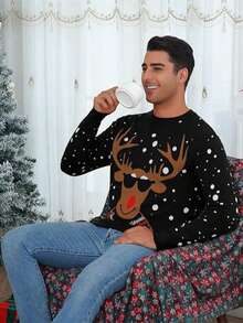 Men's Fashionable Christmas Holiday Knit Pullover Sweater, Fall/Winter, Long Sleeve Top - Black - View 3