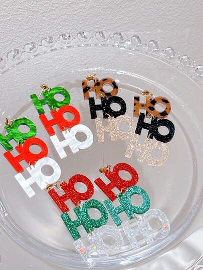 1 Pair Acrylic Christmas "HO" Letter & Leopard Print Long Dangle Earrings, Cute Personalized Earrings, Holiday Gift