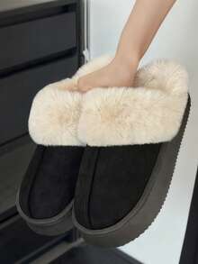 (Lightweight, Footless) 1 Pair Brown Round Toe Slip-On Fluffy Faux Fur Slippers For Women, Plush Lining, Faux Fur Patchwork Fashion Design, Thick Sole Adds 3cm Height, Unisex Lightweight Comfortable Slippers For Indoor, Home, Bedroom, Office, Casual Wear, Classic Men's Slippers, Warm Gift For Friends And Lovers (Size Runs Small By 2 Sizes)